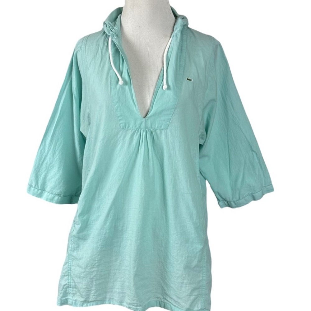 Vintage Lacoste Cotton Tunic Top Hoodie V Neck Pockets Sea Foam Size 42 Large